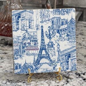 Hand Crafted Tour de Paris Decorative Ceramic Tile 6” x 6” Blue